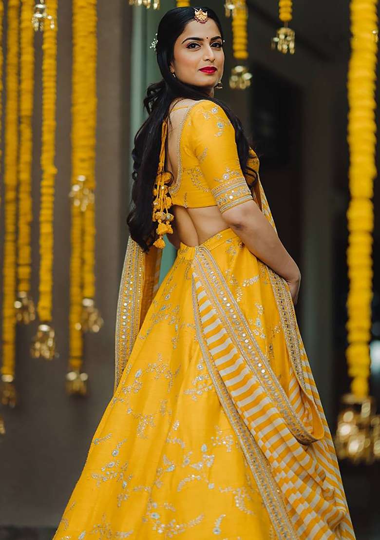 Yellow Mulberry Silk Blend Lehenga Set with Embroidered for Diwali | Wedding & Festive Wear - Indya