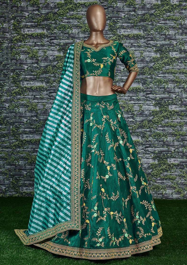 Green Embroidered Mulberry Silk Blend Lehenga Set - Indya