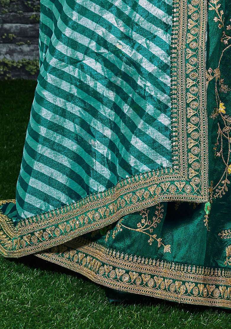 Green Embroidered Mulberry Silk Blend Lehenga Set - Indya