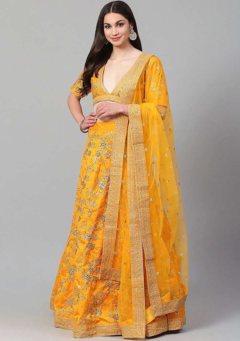 Yellow Silk Blend Lehenga Set with Embroidered for Diwali | Wedding & Festive Wear - Indya