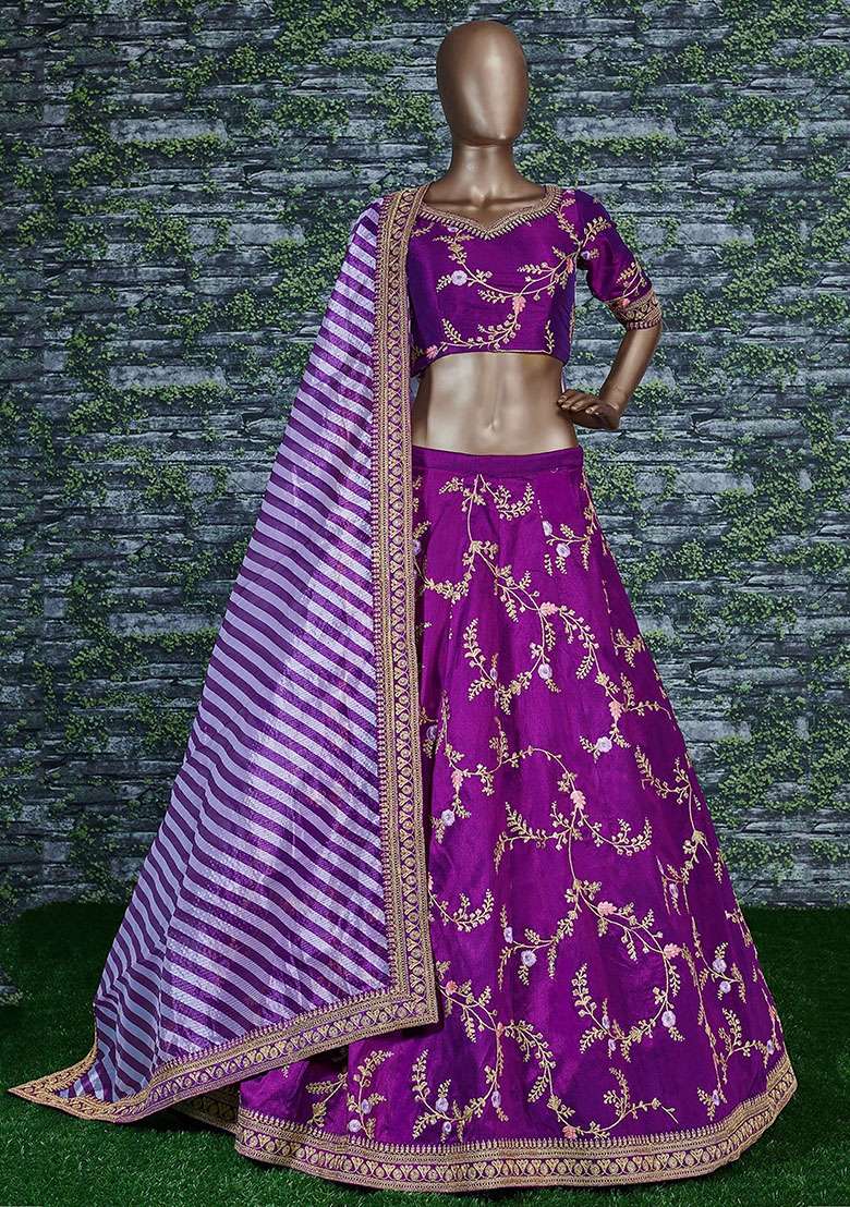 Purple Embroidered Mulberry Silk Blend Lehenga Set for Diwali and Festive Wear - Indya