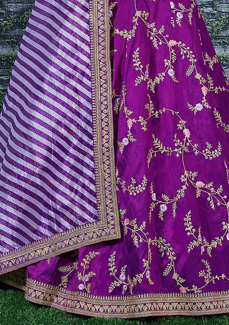 Purple Embroidered Mulberry Silk Blend Lehenga Set for Diwali and Festive Wear - Indya