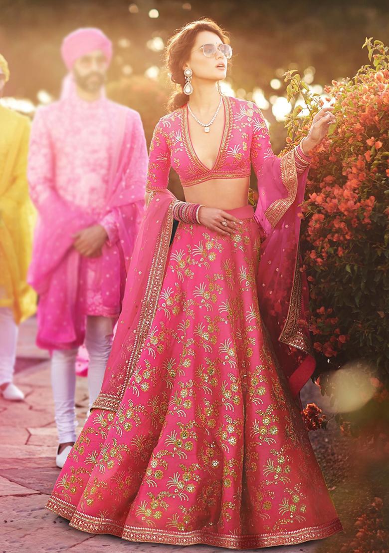 Pink Embroidered Silk Lehenga Set
