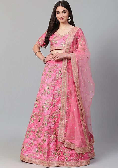 Pink Embroidered Silk Lehenga Set