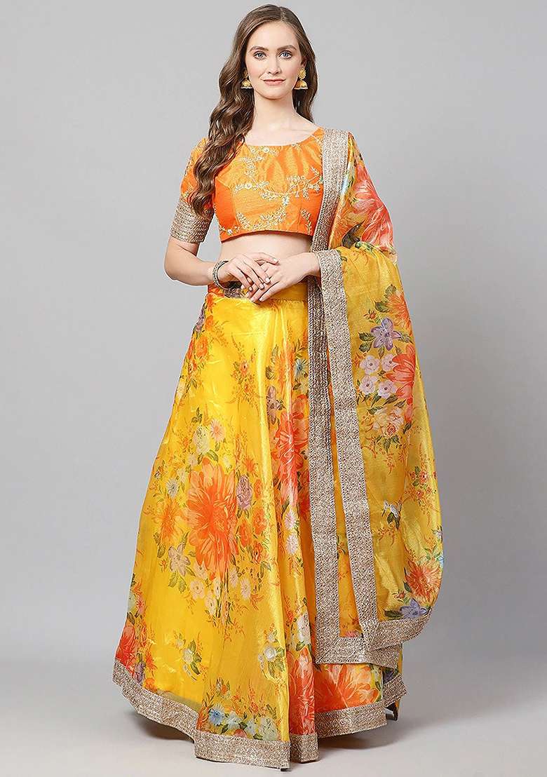 Yellow Digital Print Organza Lehenga Set for Diwali and Festive Wear - Indya