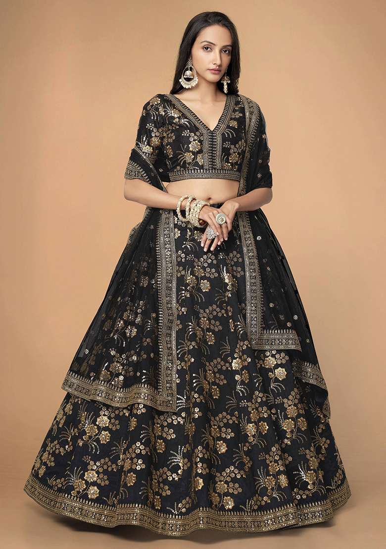 Black Silk Blend Lehenga Set with Embroidered for Diwali | Wedding & Festive Wear - Indya