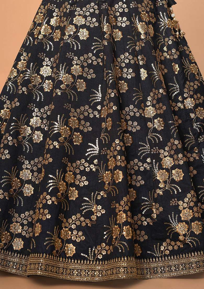 Black Silk Blend Lehenga Set with Embroidered for Diwali | Wedding & Festive Wear - Indya