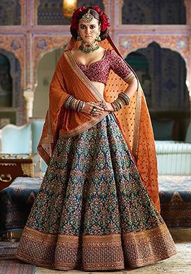 Blue Embroidered Silk Lehenga Set