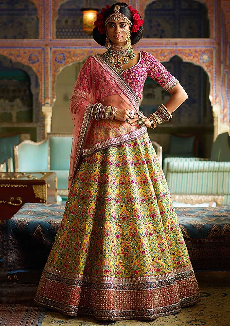 Yellow Embroidered Silk Blend Lehenga Set for Diwali and Festive Wear - Indya