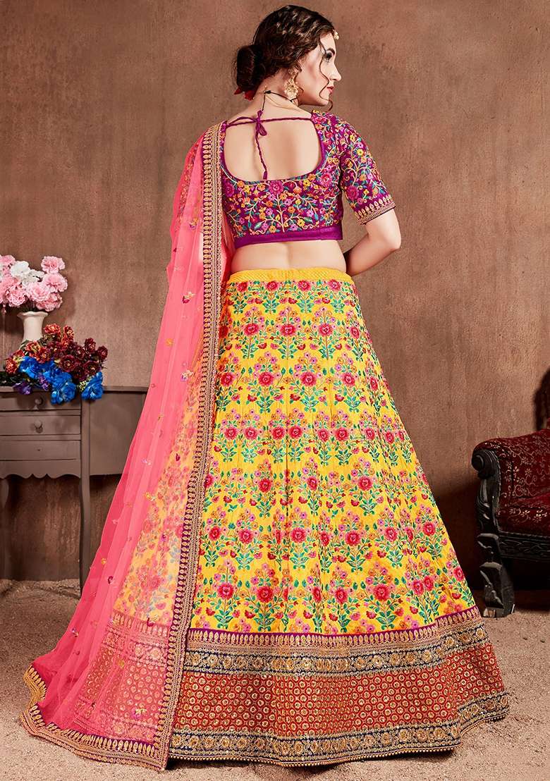Yellow Embroidered Silk Blend Lehenga Set for Diwali and Festive Wear - Indya