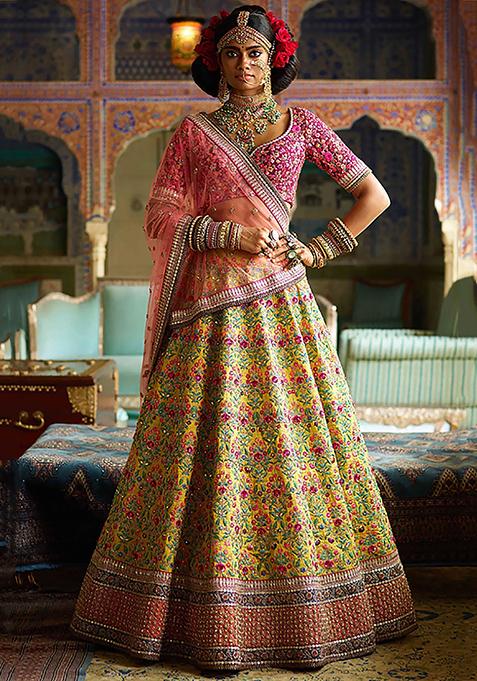 Yellow Embroidered Silk Lehenga Set
