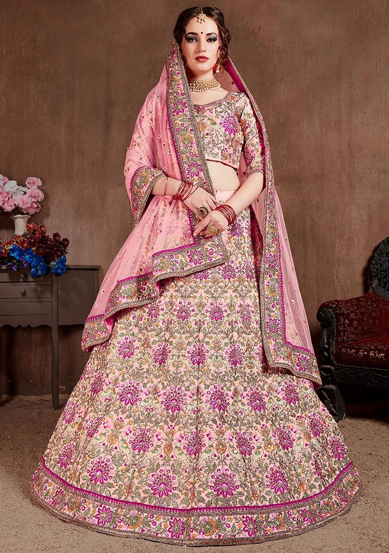 Peach Embroidered Silk Lehenga Set