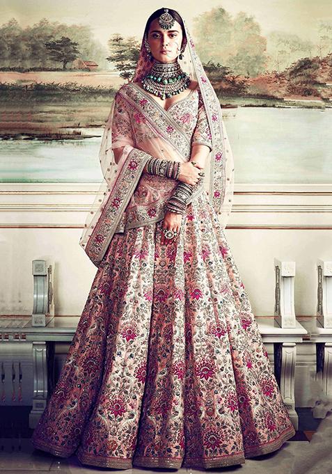 Peach Embroidered Silk Lehenga Set