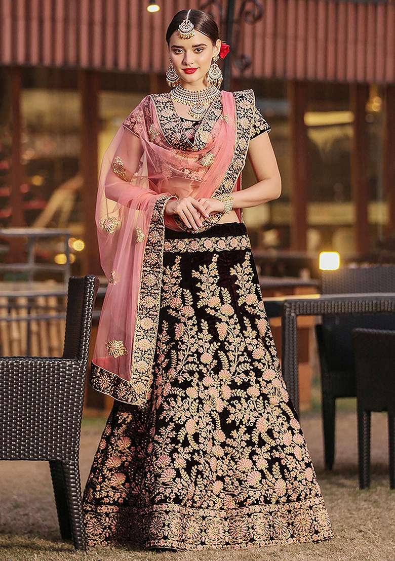 Maroon Velvet Lehenga Set with Embroidered for Diwali | Wedding & Festive Wear - Indya