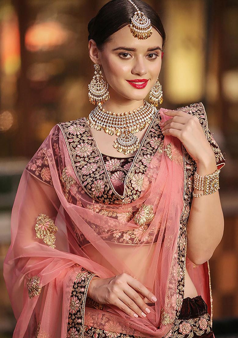 Maroon Embroidered Velvet Lehenga Set