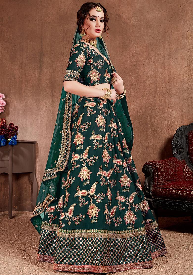 Green Embroidered Silk Lehenga Set