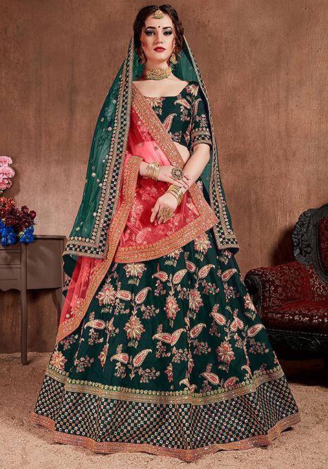 Green Embroidered Silk Lehenga Set