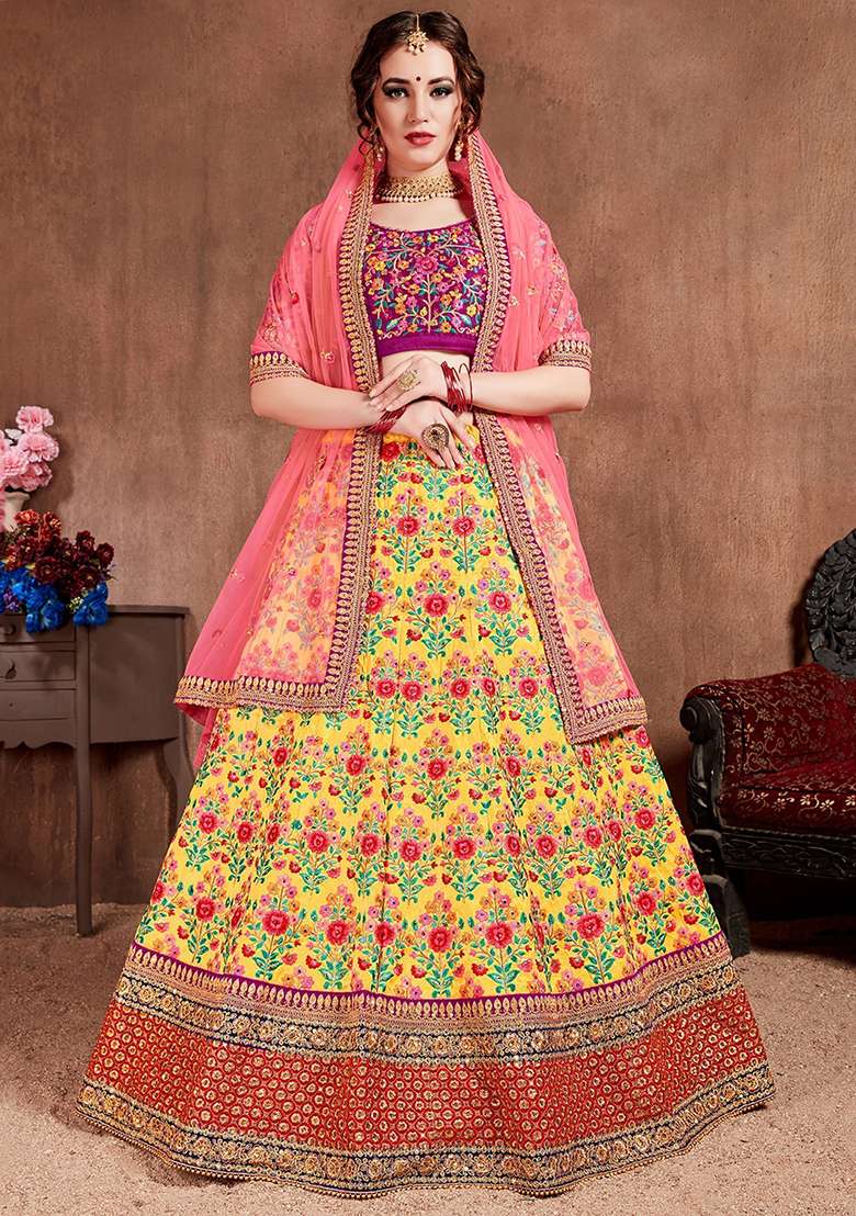 Yellow Silk Blend Lehenga Set with Embroidered for Diwali | Wedding & Festive Wear - Indya