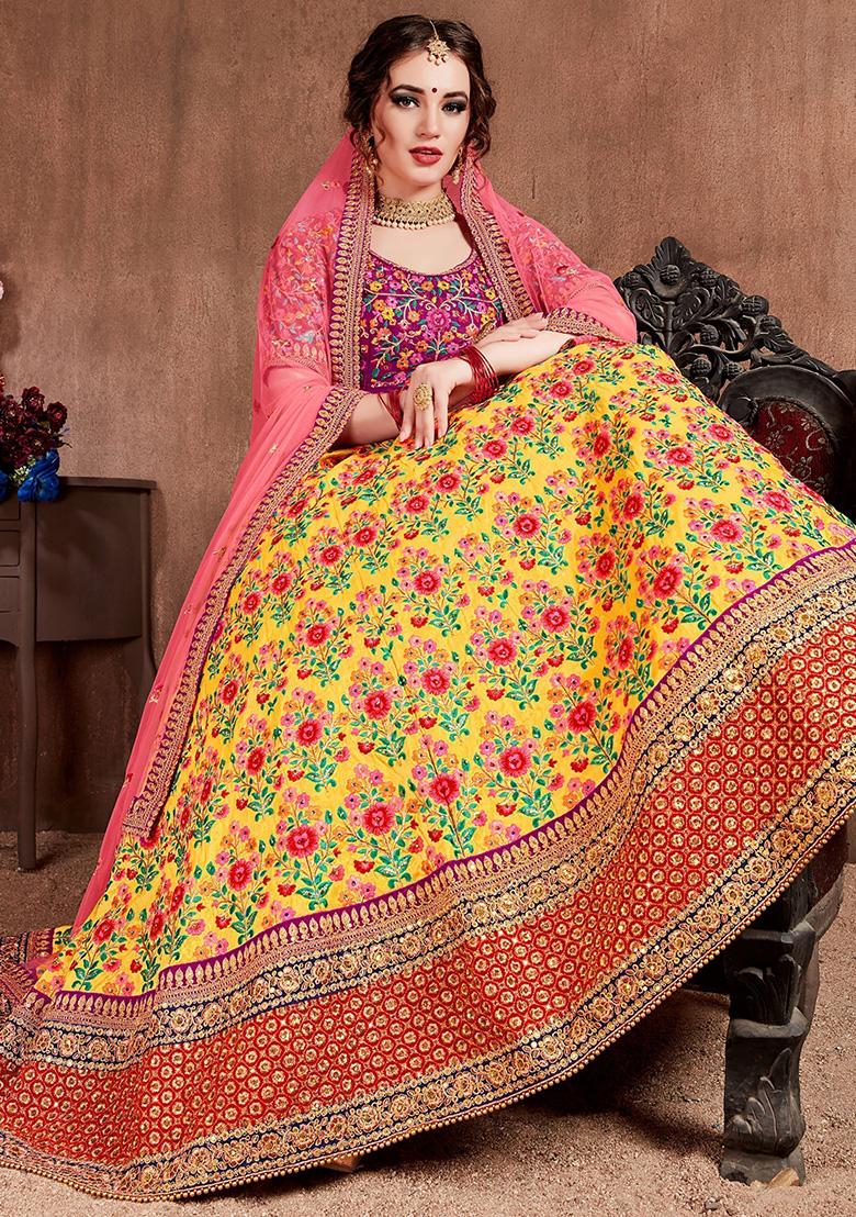 Yellow Embroidered Silk Lehenga Set