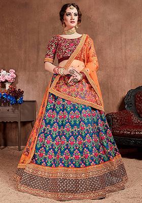 Blue Embroidered Mulberry Silk Lehenga Set