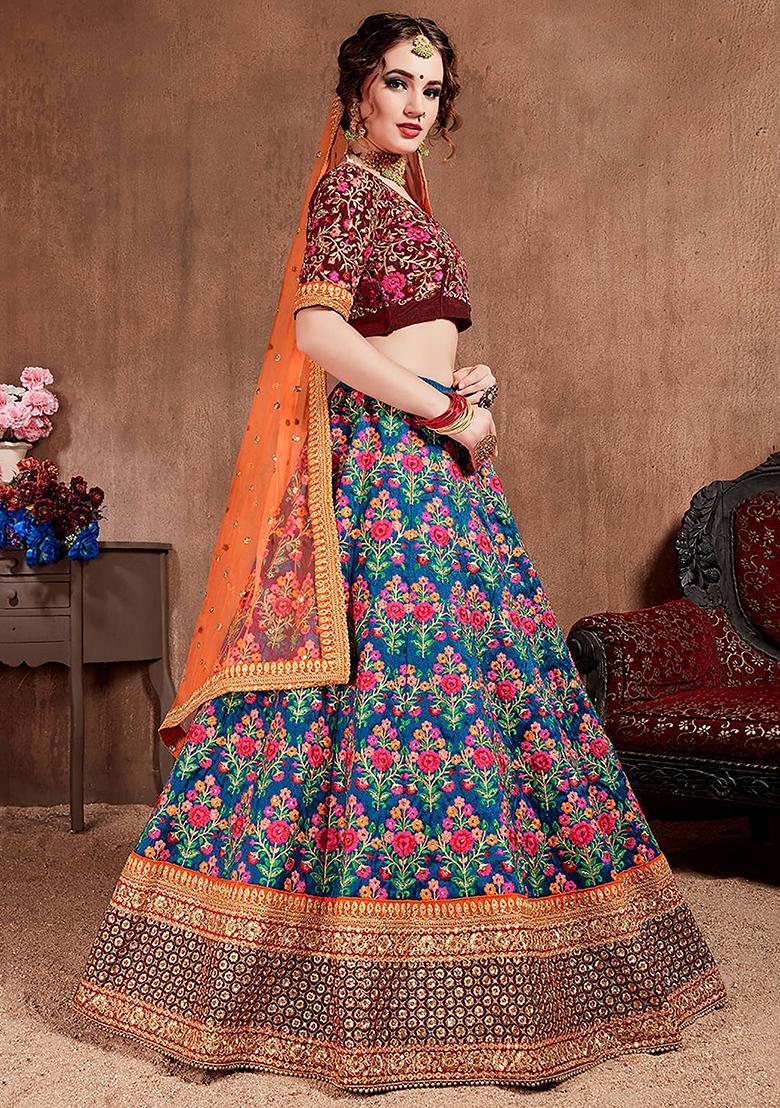 Blue Embroidered Mulberry Silk Lehenga Set
