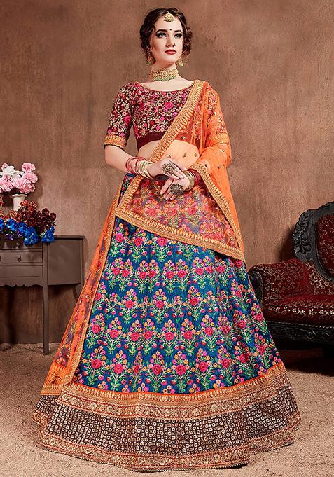 Blue Embroidered Mulberry Silk Lehenga Set