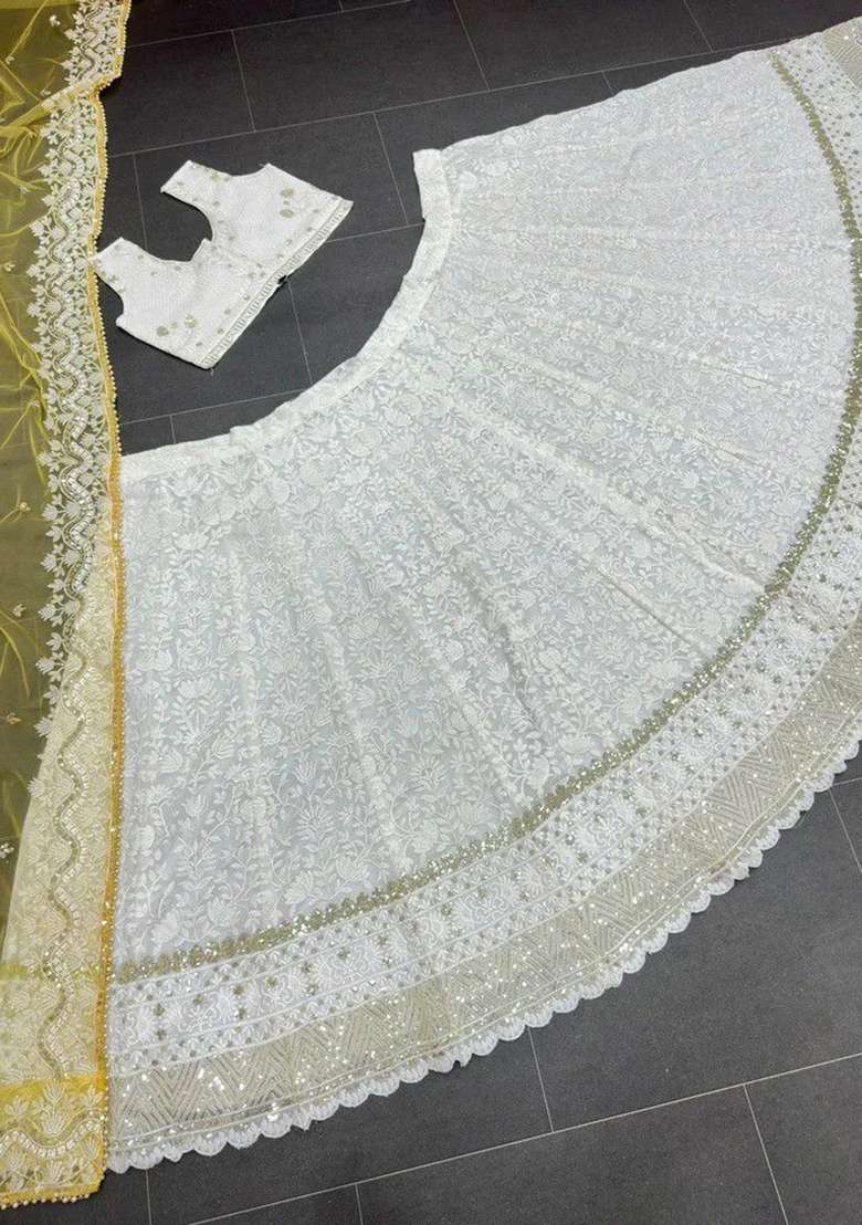 White Georgette Lehenga Set with Embroidered for Diwali | Wedding & Festive Wear - Indya