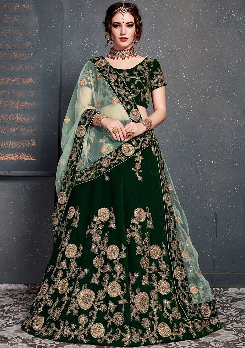 Green Velvet Lehenga Set with Embroidered for Diwali | Wedding & Festive Wear - Indya