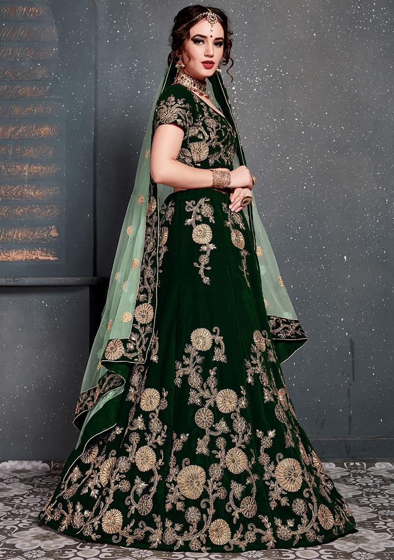 Green Embroidered Velvet Lehenga Set