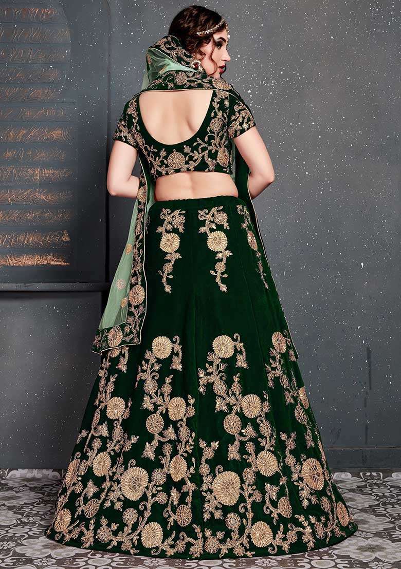 Green Velvet Lehenga Set with Embroidered for Diwali | Wedding & Festive Wear - Indya