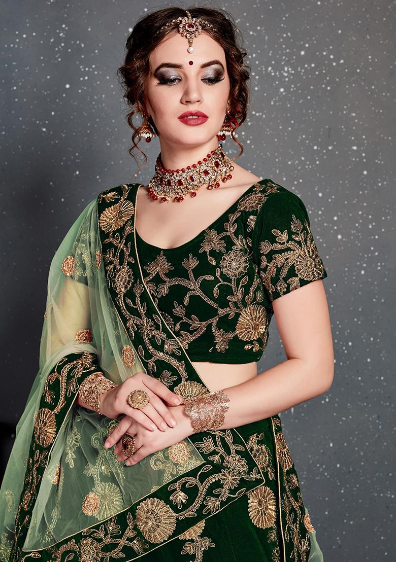 Green Embroidered Velvet Lehenga Set