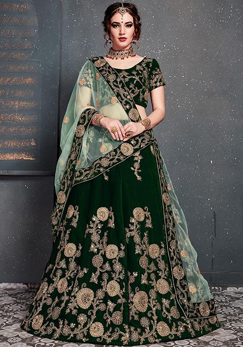 Green Embroidered Velvet Lehenga Set — view on Indya