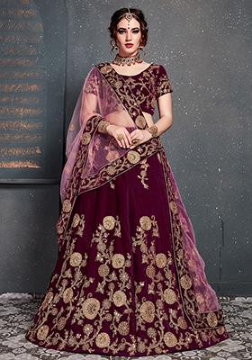Purple Embroidered Velvet Lehenga Set