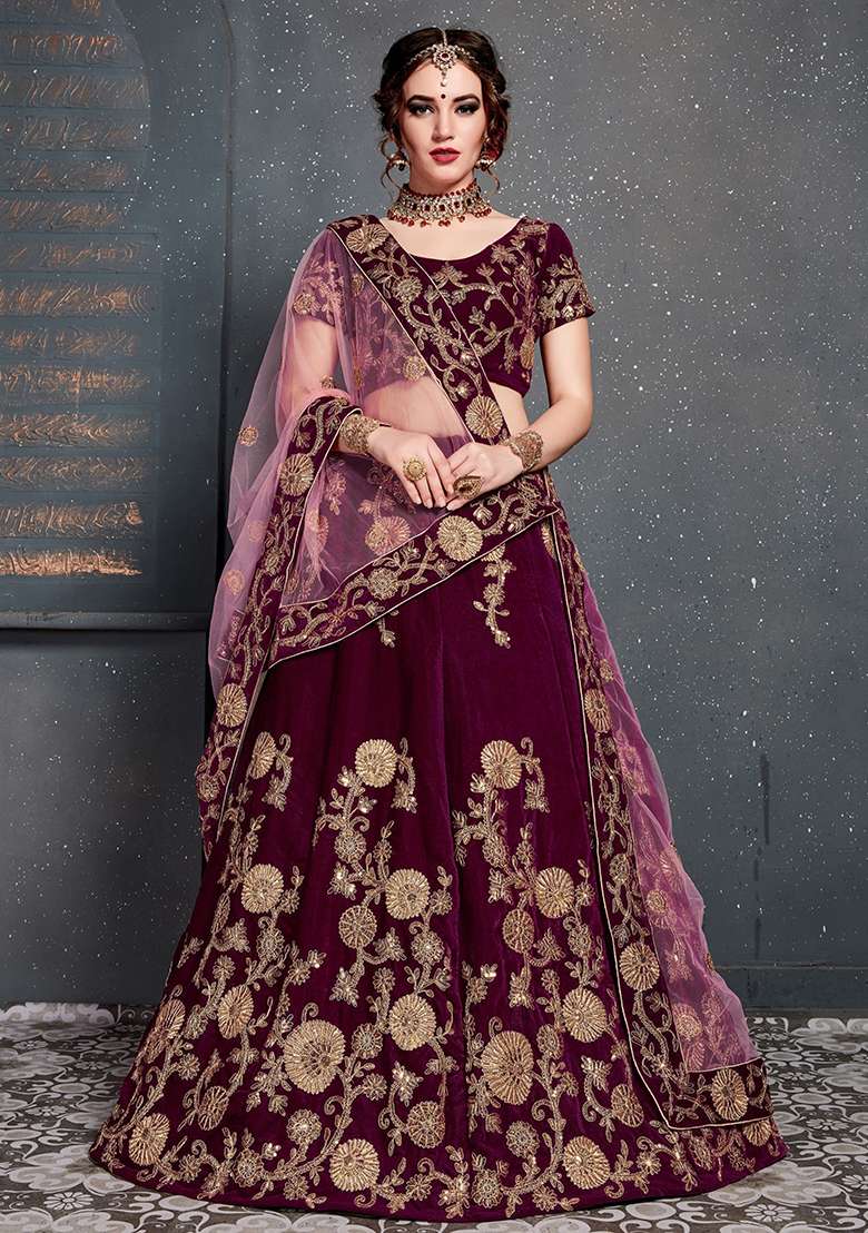Purple Velvet Lehenga Set with Embroidered for Diwali | Wedding & Festive Wear - Indya