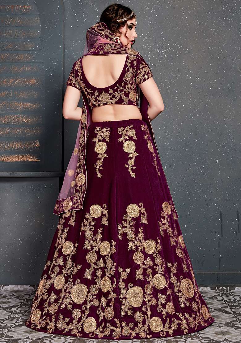 Purple Velvet Lehenga Set with Embroidered for Diwali | Wedding & Festive Wear - Indya