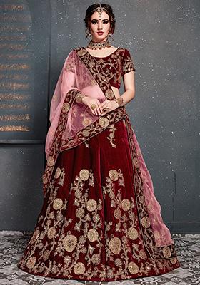 Maroon Embroidered Velvet Lehenga Set