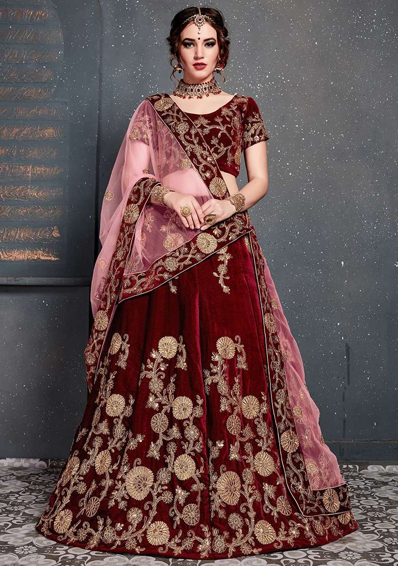 Maroon Embroidered Velvet Lehenga Set - Indya