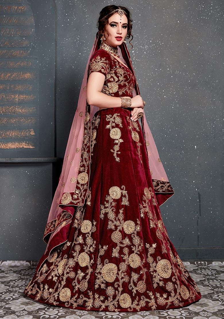 Maroon Embroidered Velvet Lehenga Set