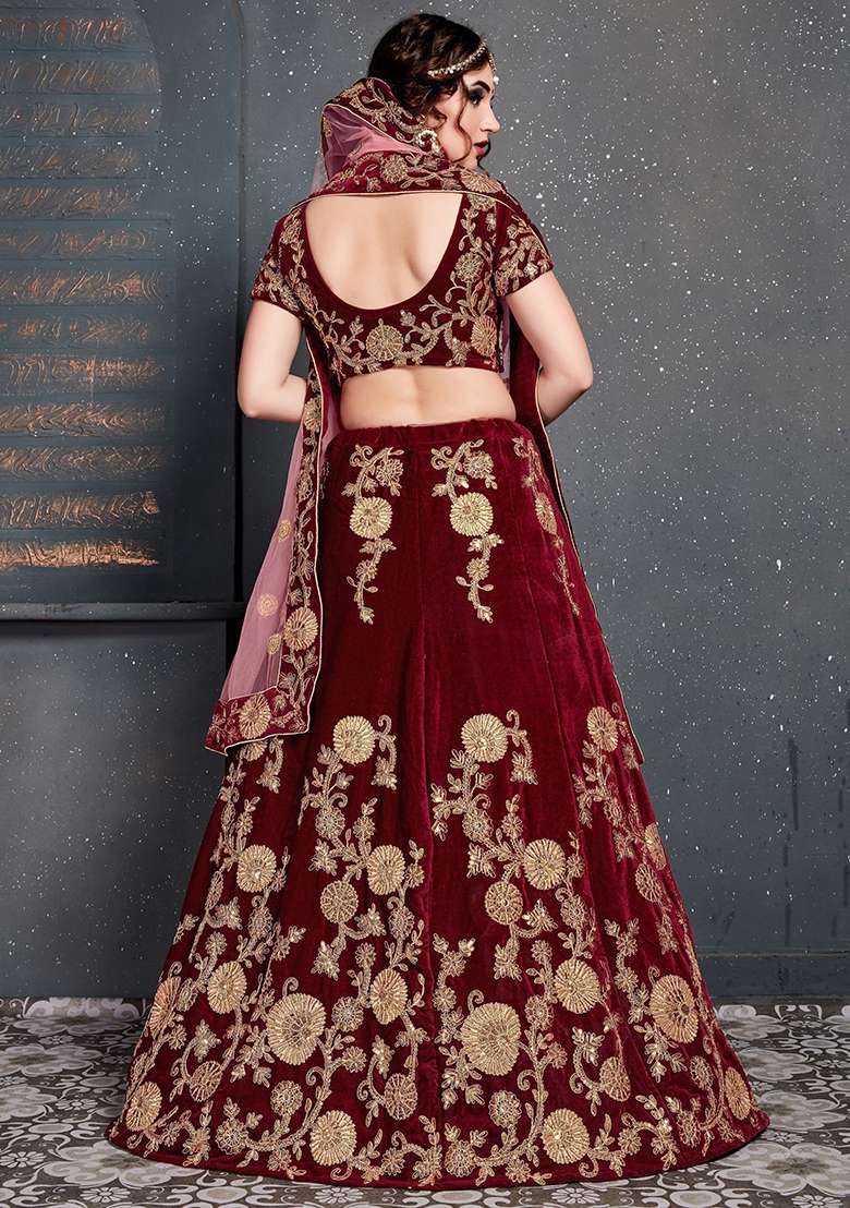 Maroon Embroidered Velvet Lehenga Set - Indya