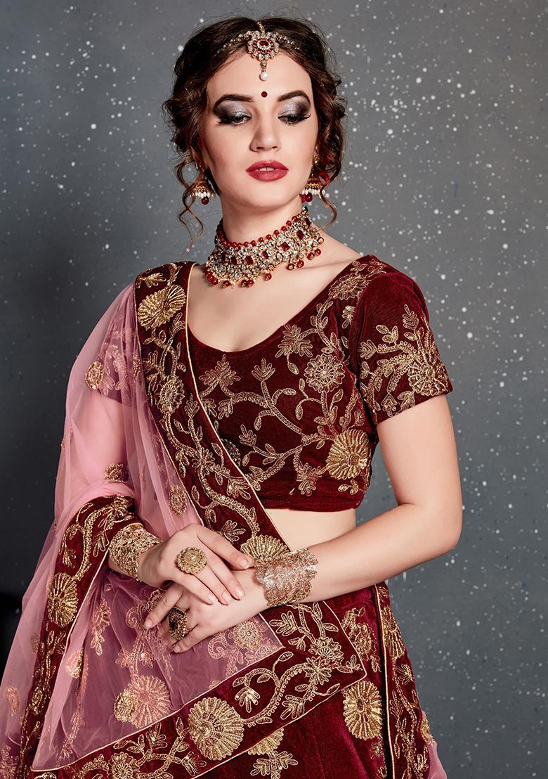 Maroon Embroidered Velvet Lehenga Set