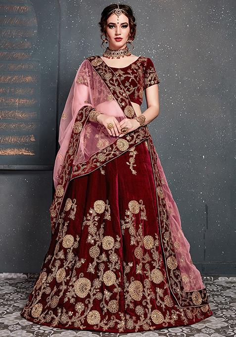 Maroon Embroidered Velvet Lehenga Set