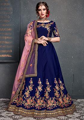 Navy Blue Embroidered Silk Lehenga Set