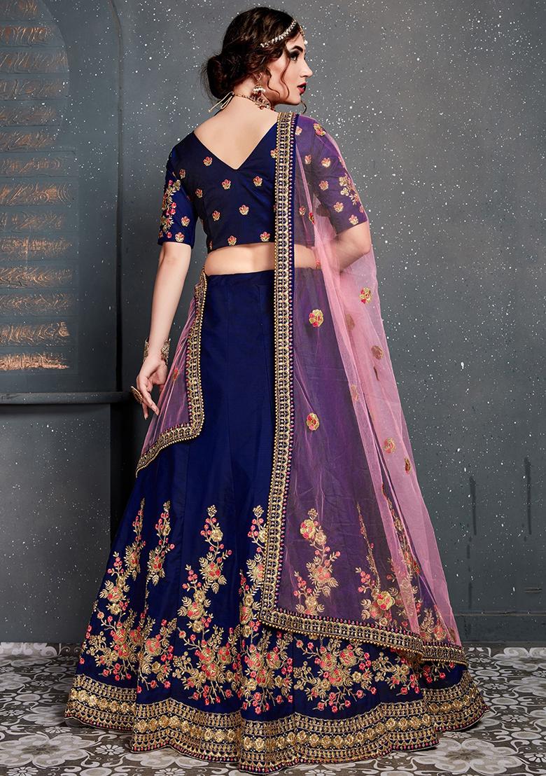 Navy Blue Embroidered Silk Lehenga Set