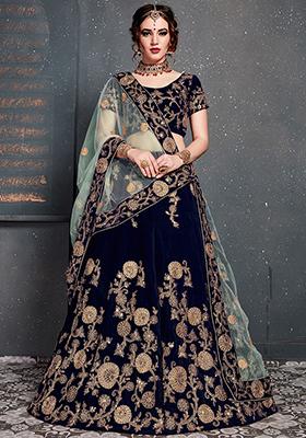 Navy Blue Embroidered Velvet Lehenga Set