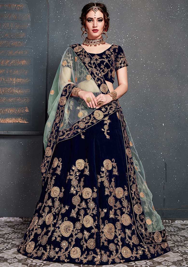 Navy Blue Velvet Lehenga Set with Embroidered for Diwali | Wedding & Festive Wear - Indya