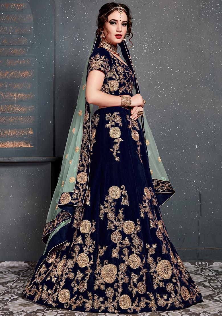 Navy Blue Embroidered Velvet Lehenga Set