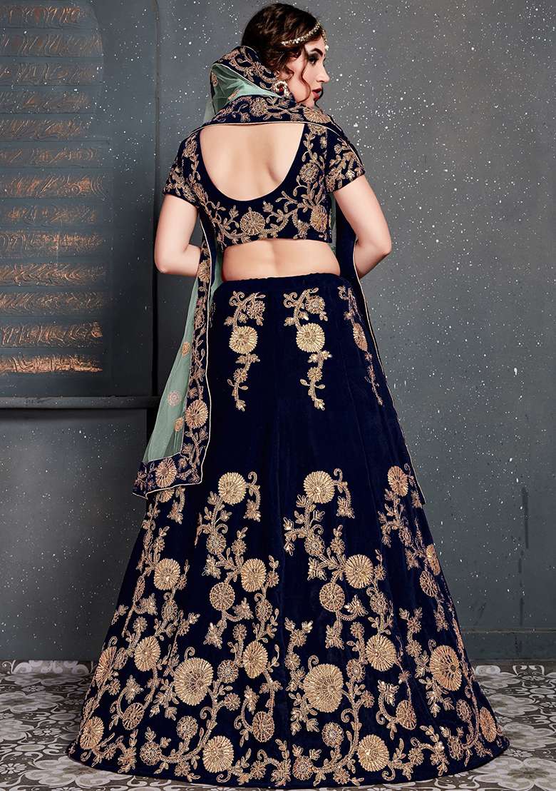 Navy Blue Velvet Lehenga Set with Embroidered for Diwali | Wedding & Festive Wear - Indya