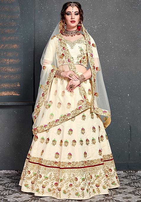 Cream Embroidered Silk Lehenga Set