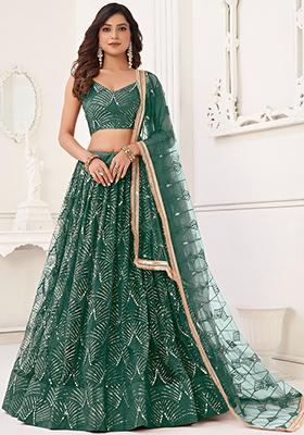 Green Sequin Embroidered Net Lehenga Set