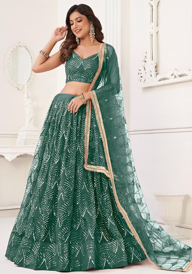 Green Sequin Embroidered Net Lehenga Set